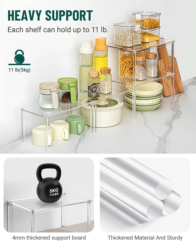 Acrylic Cabinet Organizer Set of 4, Stackable Spice Rack for Kitchen | Clear Shelf Organizer for Pantry, Cabinets, Countertops and Desks, Stackable Design Perfect for Spices and Small Items