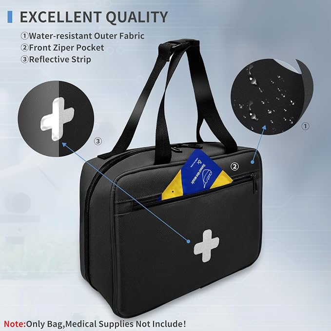First Aid Bag Empty, Compact and Portable Medical Supplies Organizer with Multiple Compartments, Emergency Trauma Bag for Travel, Camping, Hiking, Car, Travel and Home Use, Black(Bag Only)