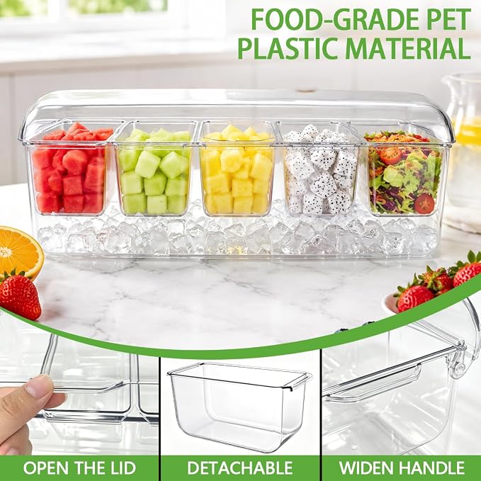 OBTANIM 16 Inch Ice Chilled Condiment Server Caddy Plastic Clear Food Storage Container Garnish Tray with Lid and 5 Removable Compartments for Bar Party Fruit Salad