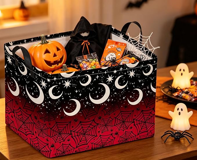 Rectangle Storage Basket with Handles,Collapsible Storage Bin,Books Box,Gift Basket(Dark Night Spiderweb)