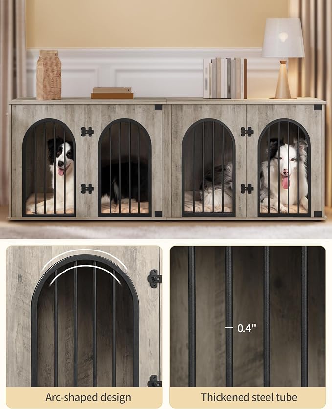 Hzuaneri 70.9" Double Dog Crate Furniture, Dog Kennel Indoor with Cushion | Heavy Duty Dog Crate Furniture for 2 Dogs,Dog Cage End Table TV Stand with Divider for Med-Large Dogs,Greige Black DFC81905B