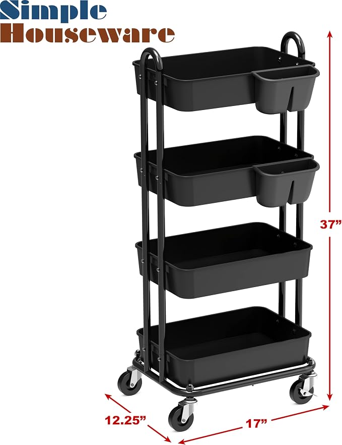Simple Houseware 4-Tier Rolling Utility Cart with Hanging Bucket, Black | Storage for Bathroom, Kitchen, Office, Study Room, Nursery Diaper