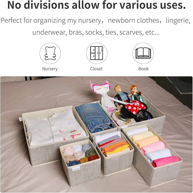 Underwear Drawer Organizer, 6 Set Foldable Underwear Drawer Organizer and Closet Dividers,Storage Box for Clothes, Socks, Underwear (6 Bins, Beige)