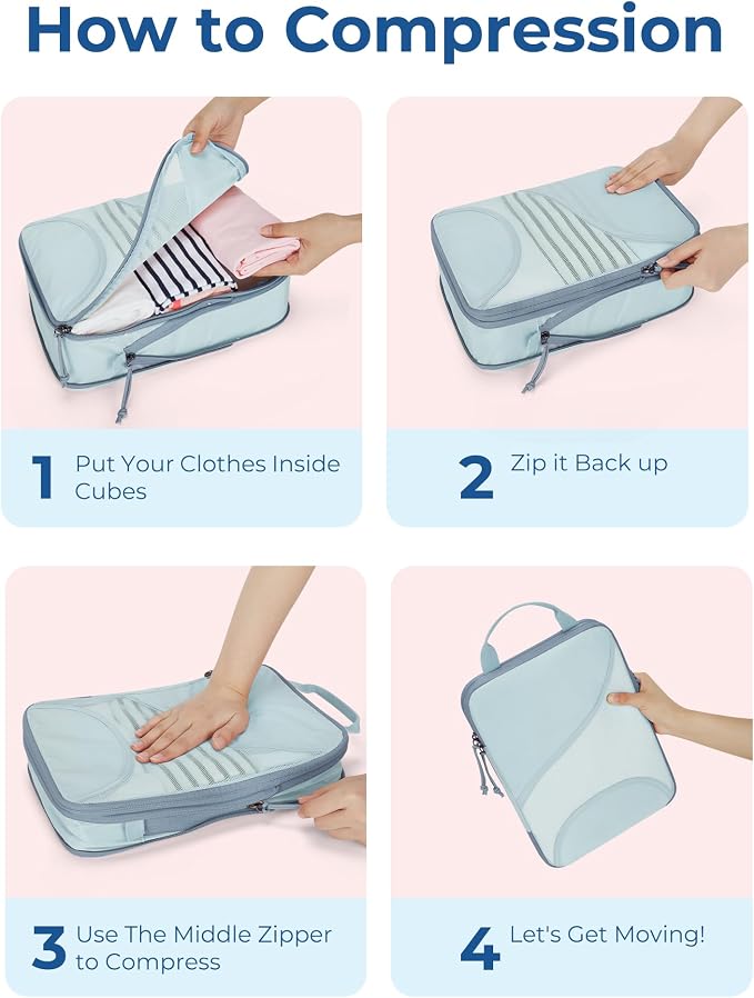 Bagsmart Compression Packing Cubes, Travel Bag Cruise Ship Essentials | Lightweight, Compressible Suitcase Organizer Set fit Standard Carry-On & Checked Luggage, 6 Set, 14 Set Washable Packing Bags