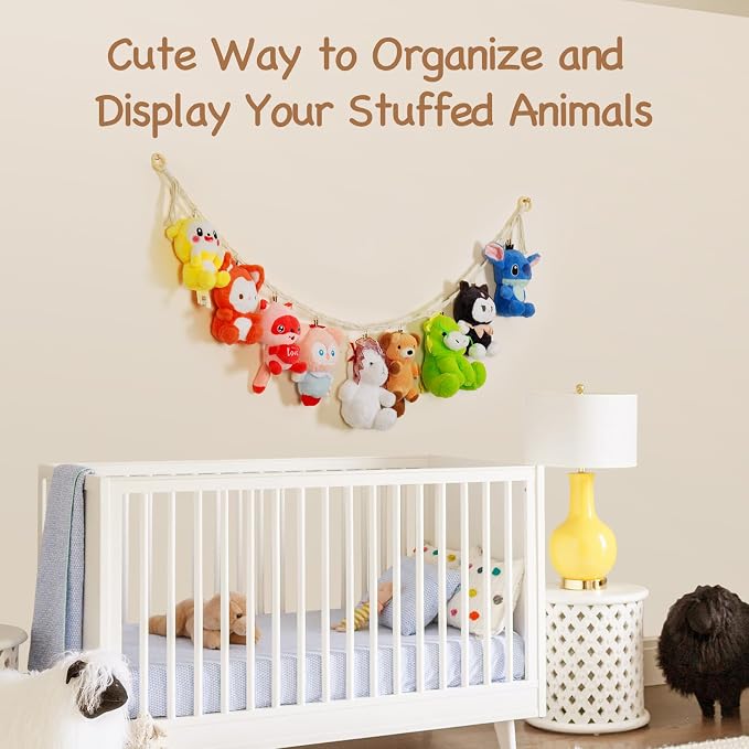 2 Pack Stuffed Animal Storage Chain Boho Room Decor, Hanging Stuffed Animal Holder with 20 Metal Clips, Macrame Plush Toy Corner Organizer for Kids Baby Nursery Bedroom Playroom Wall Decor