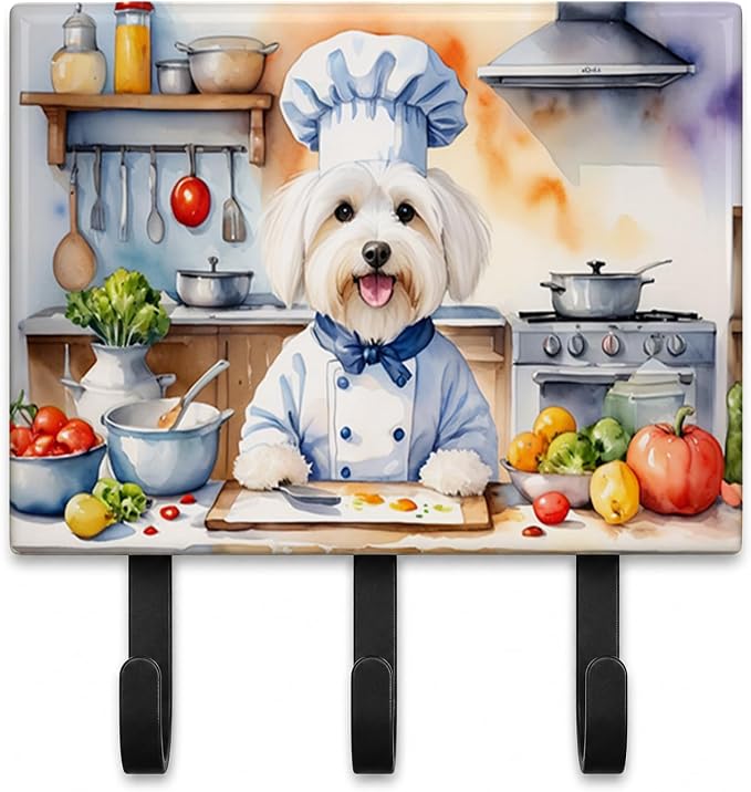 Caroline's Treasures Coton de Tulear The Chef Leash or Key Holder Wall Hooks, Key Hooks Holder, Coat Rack Wall Mount, Coat Hooks, Hooks for Hanging Keys, Towels, Aprons, Leashes | Coton de Tulear The Chef artwork on ceramic tile with three steel hooks ...