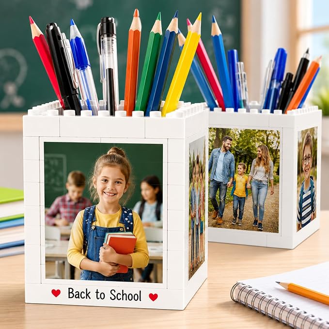 Custom Photo Building Blocks Pen Holder for Desk | 2-in-1 Personalized Photo Block Puzzle Pencil Pot, 4-Side Image Text, Detachable Building Brick Picture Frame