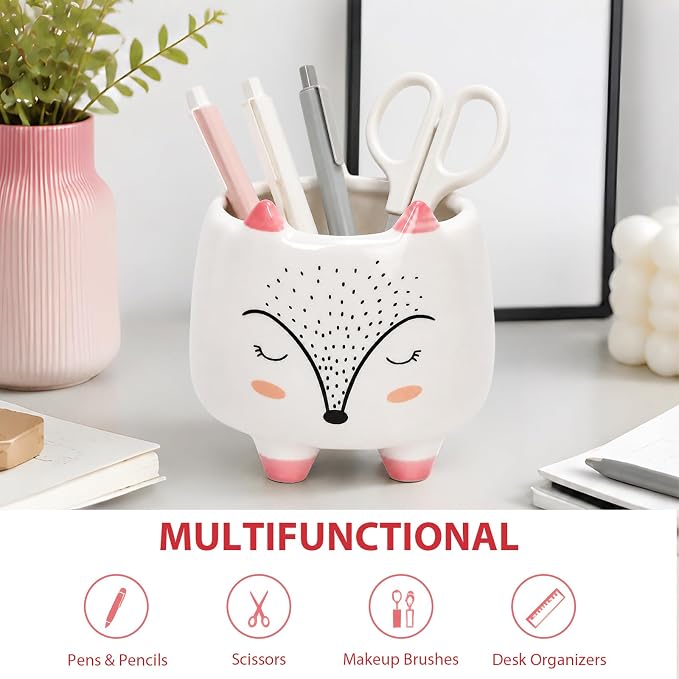 Ceramic Fox Shaped Pen Pencil Holder for Desk Decoration Accessories Fox Decor Makeup Brush Pen Cups Office School Ideal Gifts for Women, Mom or Birthdays