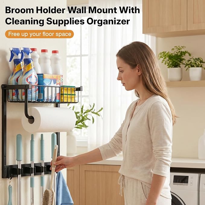 Broom Holder Wall Mount with Paper Towel Holder& Removable Anti-fall Basket | Broom and Mop Organizer Wall Mount Cleaning Supplies Organizer for Laundry Room, Apartment, Utility Room