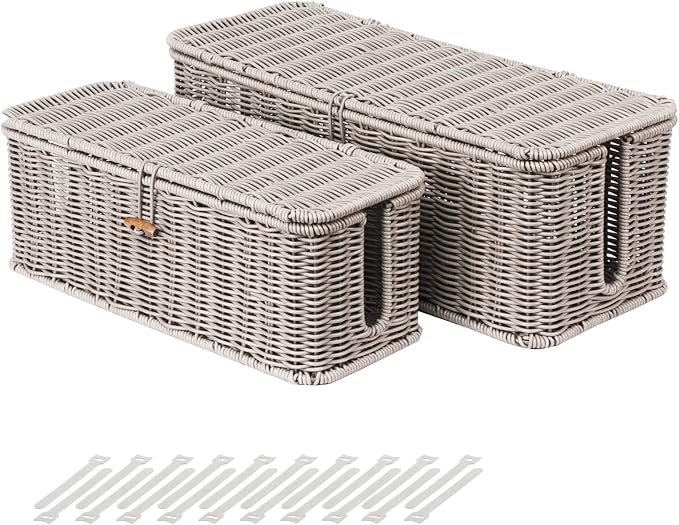 Cable Management Box, Cord Organizer with Lid & Cable Ties - Gray Set | Handmade Open Slots Cord Hider Outlet Covers for Power Strip TV PC Router Charger Under Desk Storage