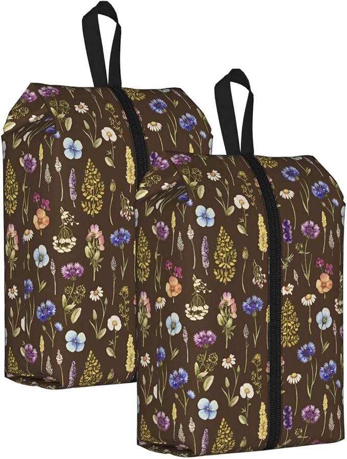 Vintage Botanical Cornflower Daisy Travel Shoe Bag for Men & Women, Waterproof Shoe Storage Organizer with Zipper, Portable Shoe Pouch for Sneakers, Heels, Sandals, Gym & Travel Luggage 2PCS