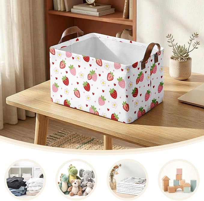 Britimes Strawberry Storage Baskets for Gifts, Toy Storage Bins Box, 3 Pcs | Cute Strawberry Canvas Collapsible Baskets Organizer with Handles Pink Nursery Decor Laundry Basket for Shelves Closet