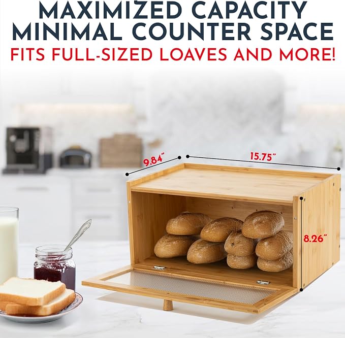 Large Bamboo Bread Box for Kitchen Countertop Acrylic Window, Extra Storage | Bread Box for Homemade Bread with Large Storage Capacity, Acrylic Window and Extra Top Storage