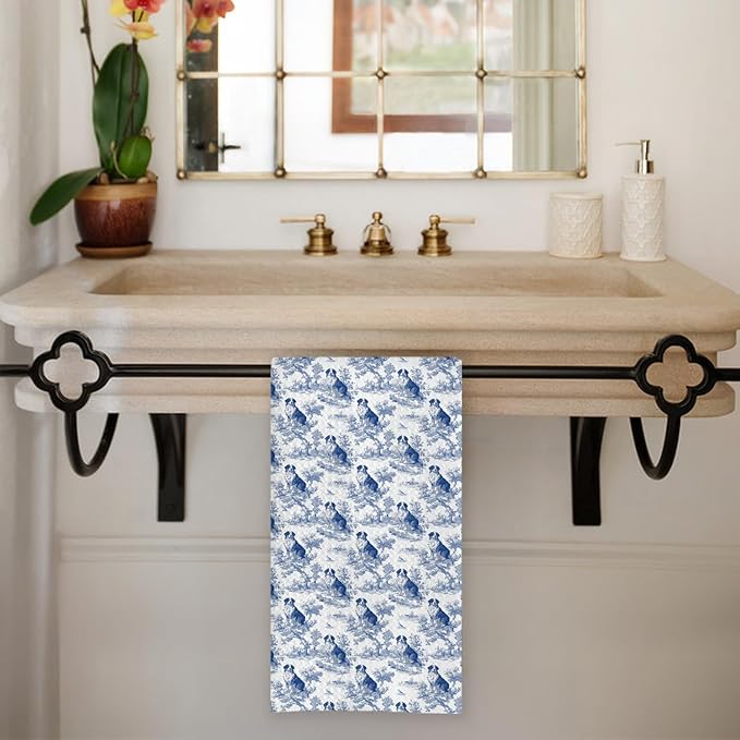 Chicimln Chinoiserie Bernese Mountain Kitchen Towels, Bernese Mountain Dog Gifts Decorative Hand Towels for Bathroom, Blue and White Dog Dish Tea Towel Drying Cloth for Kitchen Decor, 16x24 Inch