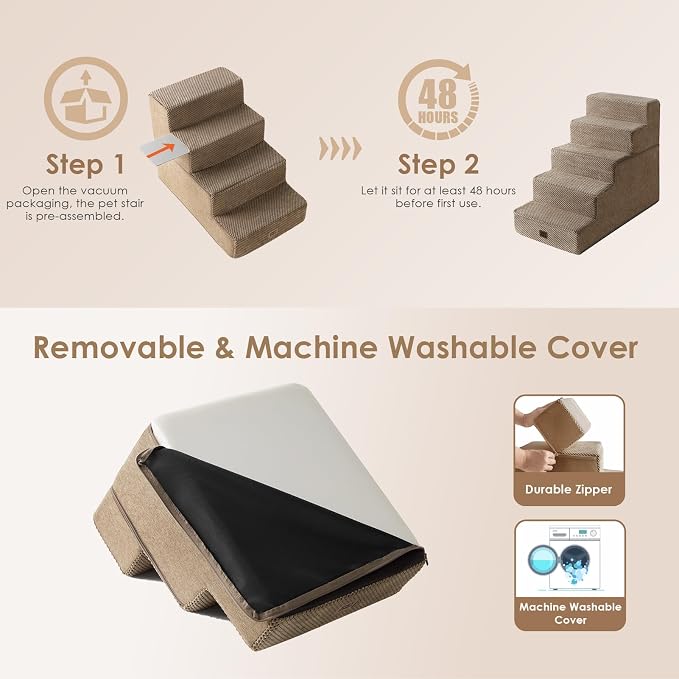 EHEYCIGA Dog Stairs for High Bed 22.5" H, 5-Step Dog Steps, Camel | Pet Steps for Small Dogs and Cats for Bed, Non-Slip Balanced Pet Ramp Indoor