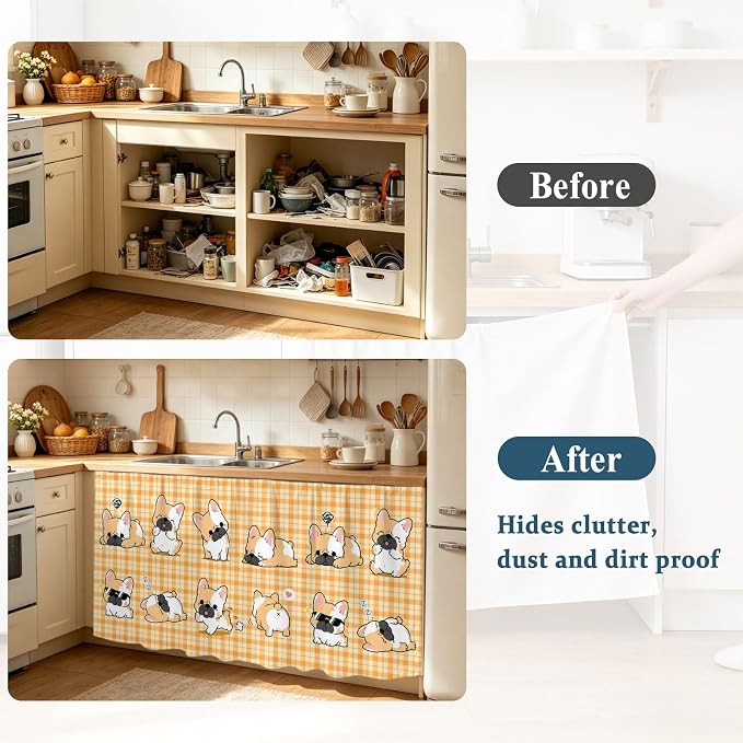 Cute Puppy Sink Skirt for Bathroom, Self-Adhesive Under Sink Curtain, Orange Beige Plaid Modern Funny Dogs Pet Hide Pipes & Storage Fabric Cabinet Skirt Cover for Kitchen Laundry 32"x55"