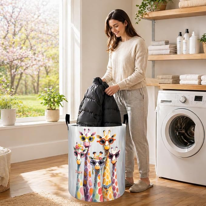 Cute Giraffe Laundry Basket, Colorful Animal Sunglasses Oxford Cloth Dirty Clothes Collapsible Hamper for Room Decor, Safari Gifts, Toy Organizer 19.7 x 15.7 Inches for Bedroom Bathroom Dorm