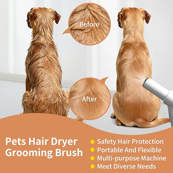 Dog Grooming Dryer with Slicker Brush, 3 in 1 Professional Portable Pet Dryer for Dogs Cats Adjustable Temperature Speed Settings, Pet Blow Brush for Home Travel Use (White)