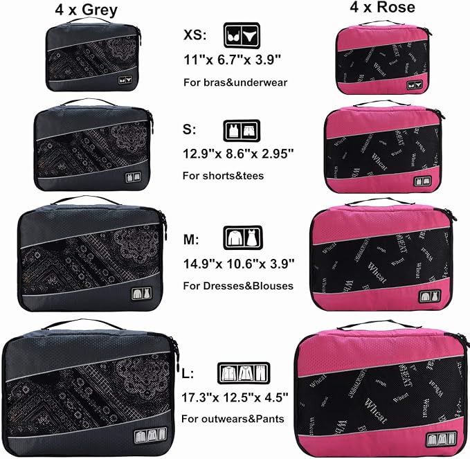 Packing Cubes large Luggage Organizers Bags For Travel Organizing Clothes | Mixed Color 8 Set Suitable family or two-person trips; breathable mesh make easy to sort; durable and convenient to store