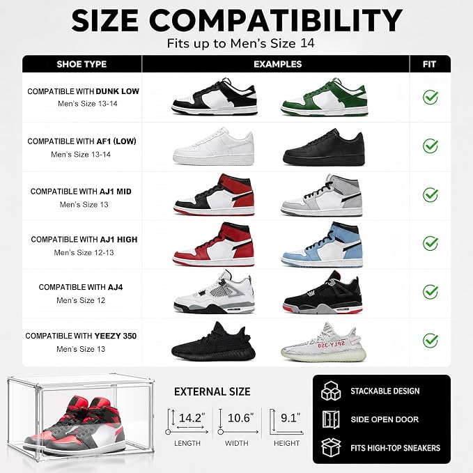 10 Pack Clear Acrylic Shoe Sneaker Boxes Fits Size 13, Wide Magnetic Door | Stackable shoe showcase for sneakers, high tops, large shoes, shoe collection display storage. Exterior 14.1 x 10.6 x 8.9 in