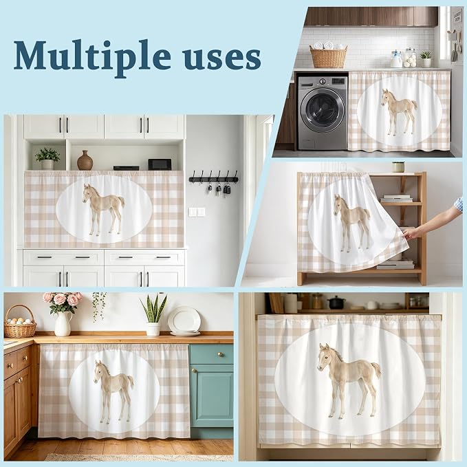 Graceful Pony Oven Skirt Curtain for Kitchen Decor 28"x35", Natural Horse Modern Farmhouse Plaid Rustic Self Adhesive Stove Curtains Skirt Cabinet Curtains for Bathroom Laundry Room
