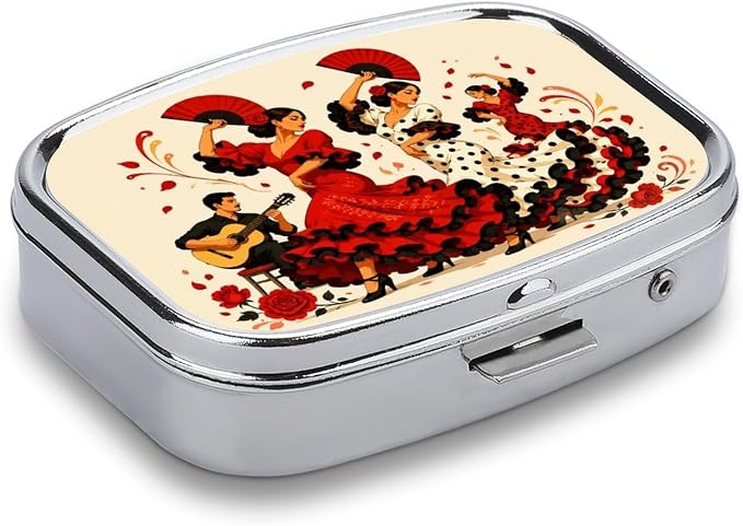Flamenco Dancers Guitarist Roses Two Compartment Pill Box Medicine Organizer, Portable Pill Case with Secure Snap Closure for Vitamins Medication Supplements Daily Use
