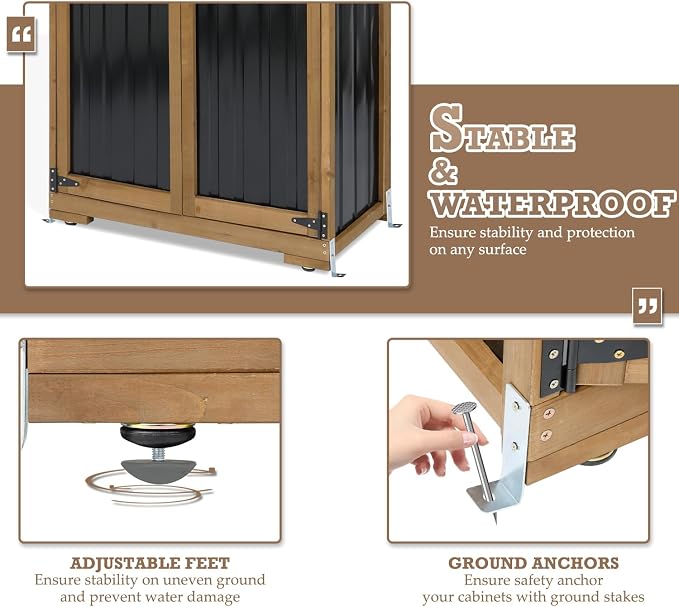 Outdoor Storage Cabinet with Shelves, Weatherproof Stylish Shed for Patio | Adjustable Shelf for Flexible Storage, Lockable Doors for Security, Raised Base, Wood & Metal, Fits Backyard, Garage & Garden