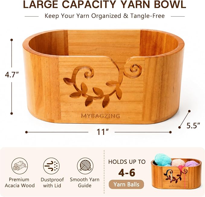 MYBAGZING Wooden Yarn Bowl with Lid, Large Acacia Crochet Yarn Holder with Phone Stand & Tool Tray, Yarn Storage Organizer for Knitting & Crocheting, Floral Design Gift for Crocheters