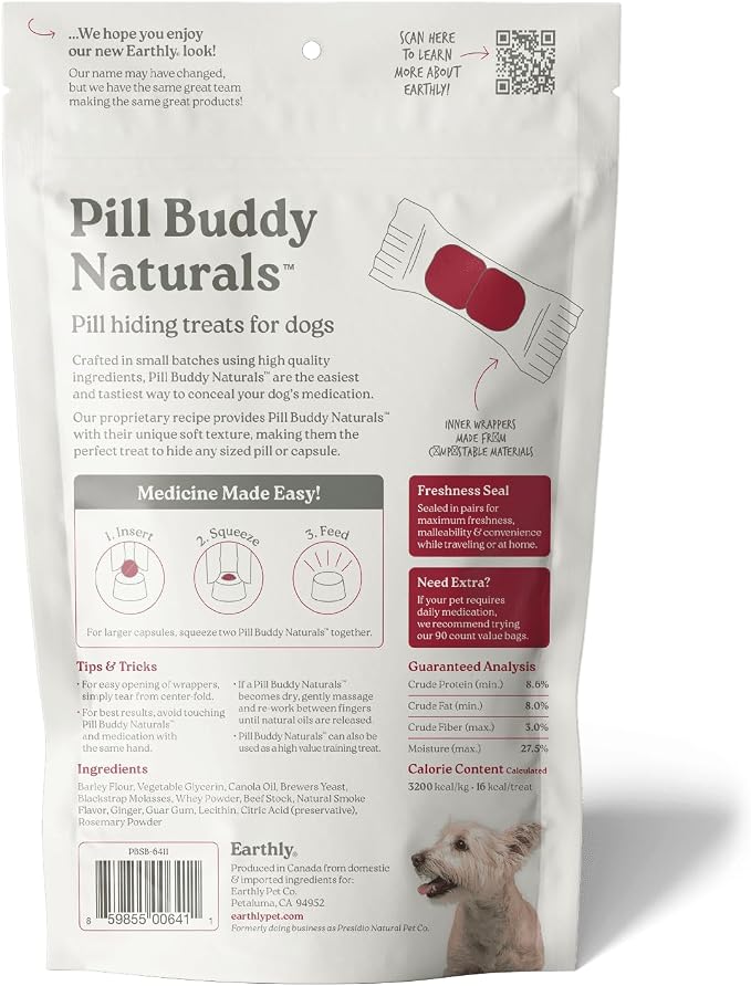 Presidio Earthly Pill Buddy Naturals - Beef Recipe Pill Hiding Treats for Dogs - Make A Perfect Pill Concealing Pocket Or Pouch for Any Size Medication - 30 Servings