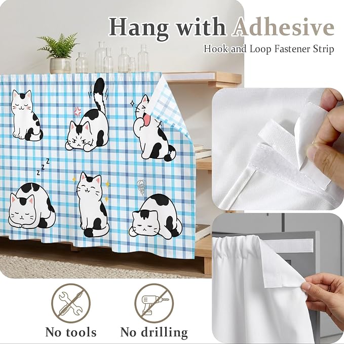 Cute Cat Sink Skirt 11"Wx13"L,Dustproof Under Sink Curtain with Self Adhesive Tape,Modern Playful Pet Cats Blue Purple Plaid Cabinet Curtain Cover for Bathroom Vanity,RV,Kitchen Cabinet Storage Shelf