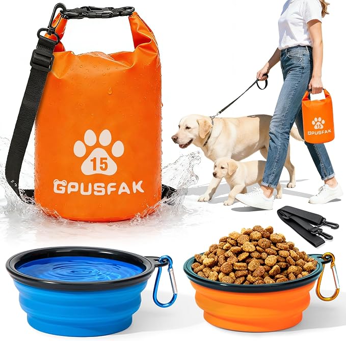 Pet Food Storage Bag with Bowl (96 Cup) - Zip Roll Top Dog Food Travel Bag Waterproof Kibble Container for Camping Road Trips Travel Dog Boarding Weekend Getaways Machine Washable 15L Orange