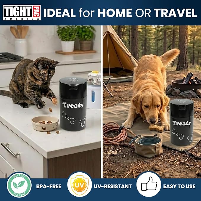 Tightpac Pawvac 1 to 6 Ounces Container, Airtight Pet Food and Treats Storage Jar - Patented Vacuum Seal Container for Pet Food, Treats and other Dry Goods - Black with Treats
