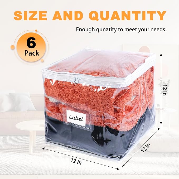 Clear Zippered Plastic Clothes Storage Bags, 6 Pack, White | Clear Storage Bags with Zipper Plastic Storage Bags for Clothes Sweaters Blankets Sheets, Size: 12 x 12 x 12 Inch