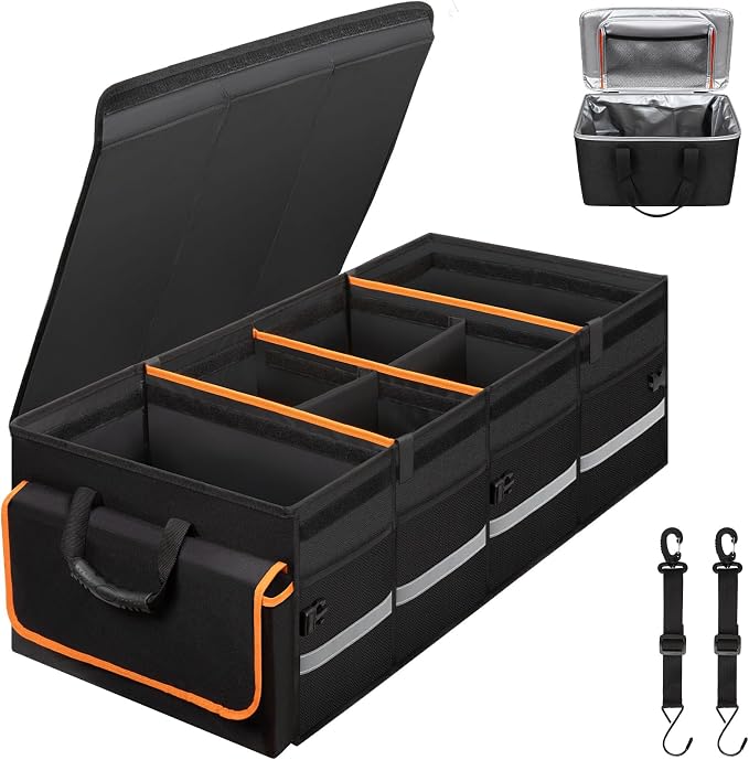 GDNasist Car Trunk Organizer and Storage for Car, SUV & Sedan, Extra Large | Collapsible Trunk Organizers with Lid & Removable Cooler Bag, Car Accessories, Removable Dividers for Custom Space, Interior