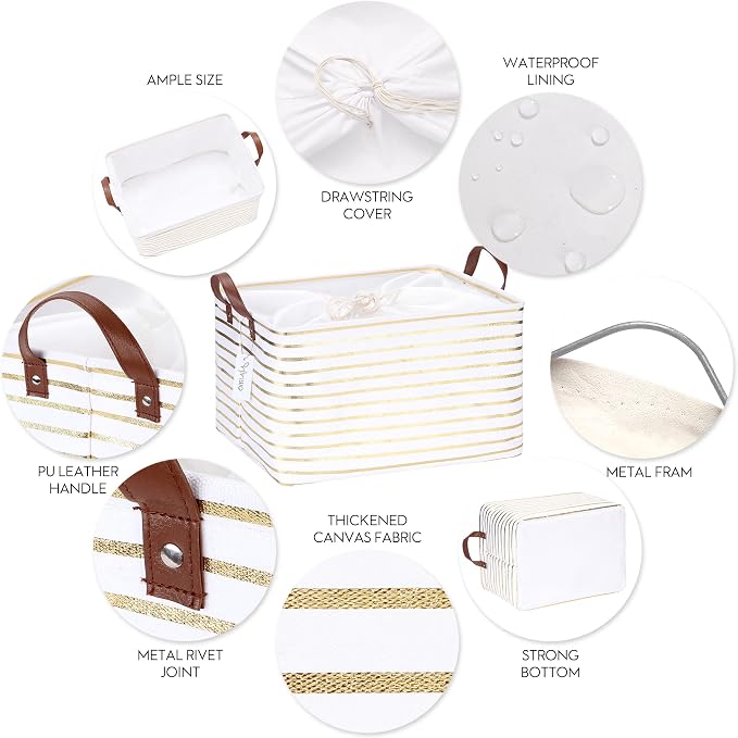 Hinwo 31L Large Canvas Storage Bin with Lid and Handles, 4-Pack | Collapsible Fabric Baskets, Closet Shelf Organizers, Containers for Clothing, Blankets, Toys, Bedding (Gold Stripe)