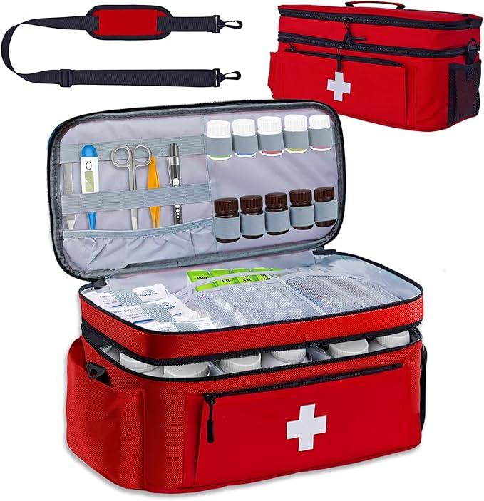 First Aid Bag Empty 2-Layer Large 16" x 9½"x7 Red | Reinforced Medical Bag Pill Bottle Box Portable Emergency Bag for Outdoor & Home, Travel Madicine Bag with Shoulder Strap