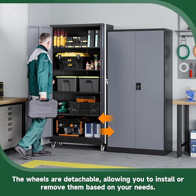 Metal Garage Storage Cabinets with Lock Door and Adjustable Shelves, Steel Tool Cabinets for Home,Office,Warehouse Organisieren (Black Grey, 75" H)