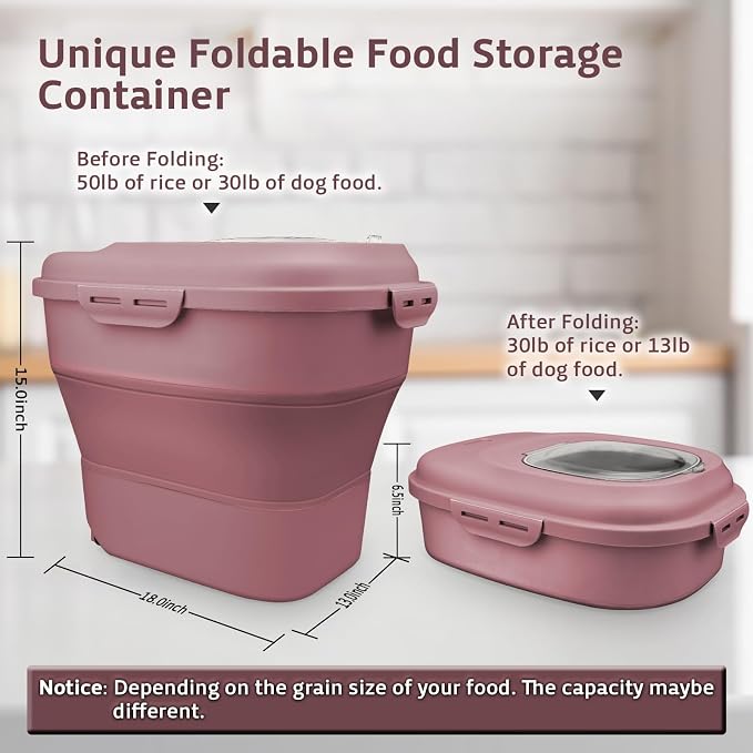 Komzon Rice Storage Bin Cereal Containers, 13-50lb Collapsible Rice Container Dispenser with Transparent Lid, Rolling Wheels, Measuring Cup and Scoop, Airtight Dog Cat Pet Food Storage Container Pink