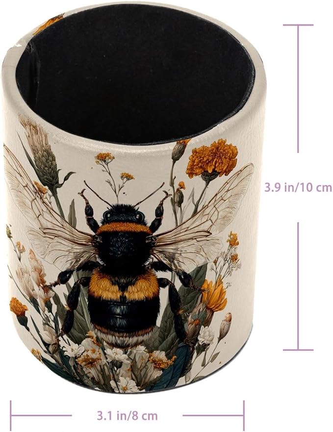 Faux Leather Pen Holder for Desk, Pencil Organizer Cute Bee Pen Cup Desk Decor Makeup Brush Holder Storage for Office Home