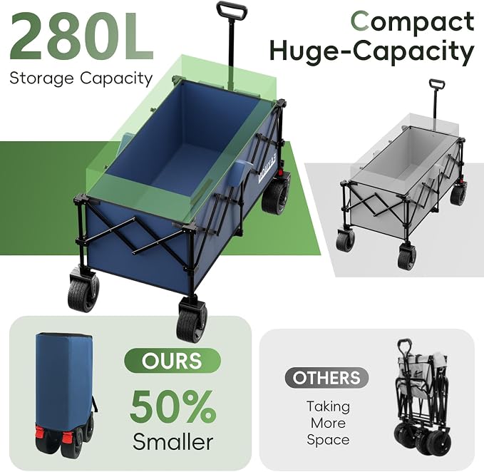 46" L Collapsible Foldable Extended Wagon, 500LB Weight Capacity with 280L Heavy Duty Folding Cart,Utility Wagon with All-Terrain Beach Wheel & Drink Holders,Blue