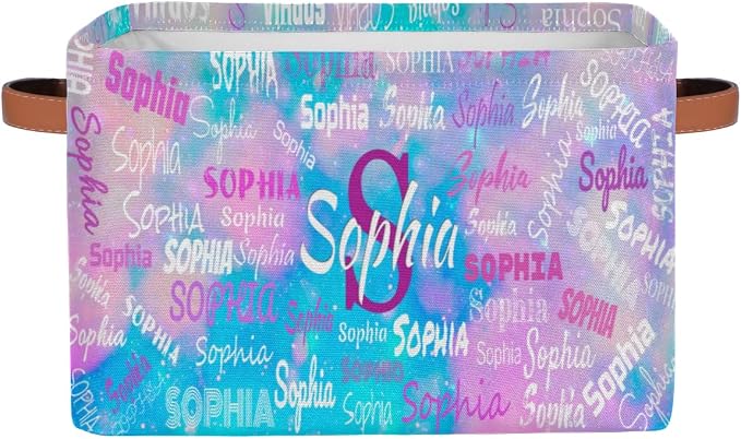 Personalized Storage Bins, Customized Name Storage Basket Rectangle Clothes Organizer for Organizing Kids and Pets Toys Shelf Closet, Blue Pink Galaxy Watercolor