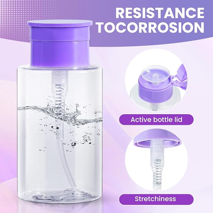 Nail Polish Remover Pump, YAMYONE 2 Pack Acetone Pump Dispenser, Alcohol Dispenser Push Down Empty Lockable Pump Dispenser Bottle for Nail Polish and Makeup Remover, 200ml(6.8oz) (Transparent Purple)
