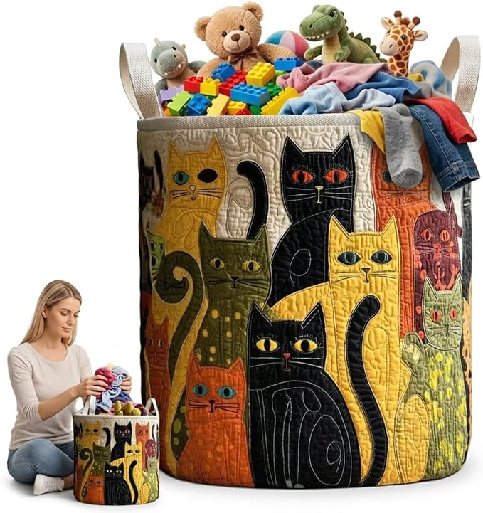 Cute Cat Laundry Basket, Quilted Fabric Clothes Hamper with Handles, Decorative Storage Bin, Gift for Cat Lovers(16" x 22")