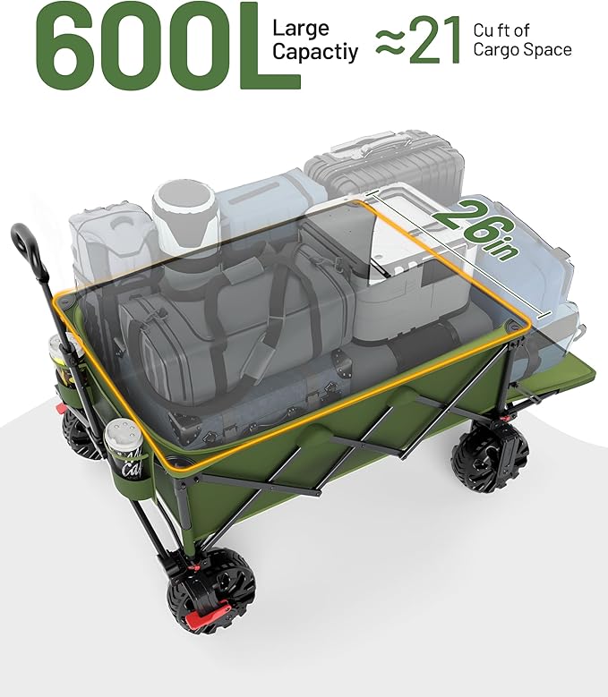 TIMBER RIDGE 600L Beast Wagon 26" W Extra Wide All Terrain Folding w/Big Wheels, Cargo Net & Tailgate, 400lbs Heavy Duty Portable Cart 54.5" L Large Collapsible Wagons for Camping, Sports, Dogs, Green