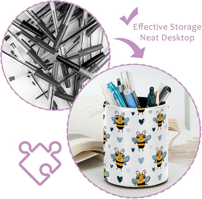 Faux Leather Pen Holder for Desk, Pencil Organizer Cute Bees Pen Cup Desk Decor Makeup Brush Holder Storage for Office Home