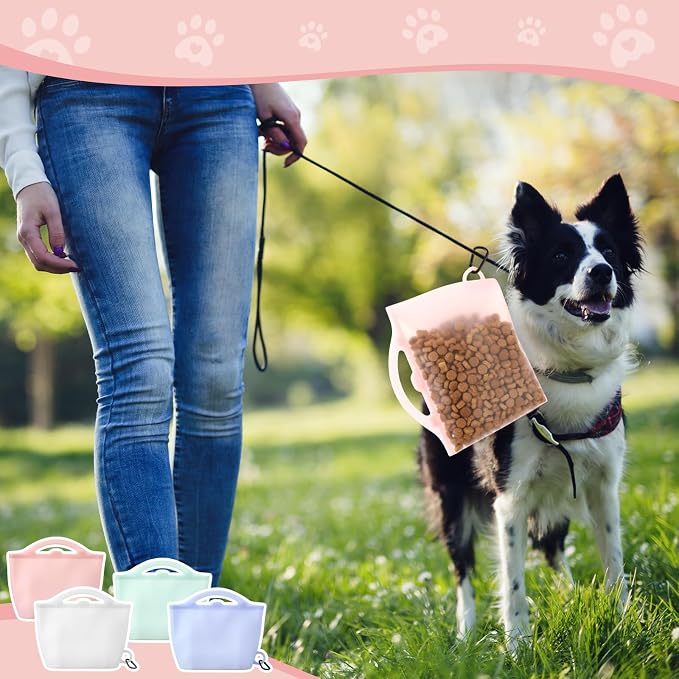 4 Pack Silicone Dog Treat Pouch, 4 Cup (1000ml) Large Capacity Training Bag with Clip, Reusable Leak-Proof Food Storage for Walking Hiking, Dishwasher Safe (White, Blue, Green, Pink)