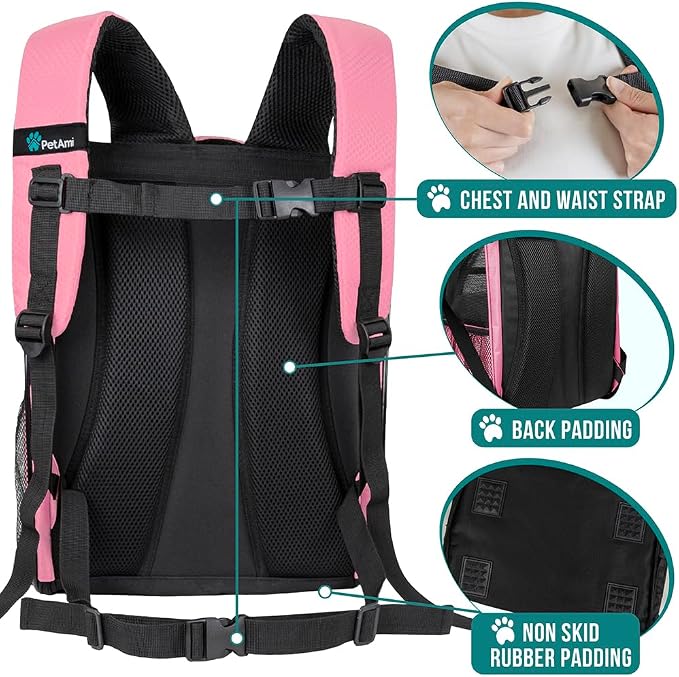 PetAmi Dog Backpack Carrier Airline Approved Cat Pet Puppy Bag, Pink | Ideal for Small Medium Large Pet up to 18 lb, 2 Side Entry Structured No-Collapse Frame, Ventilated Bookbag for Hiking Travel