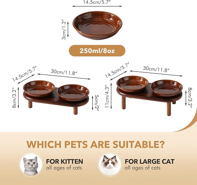 Havniva Elevated Cat Bowls, Ceramic Cat Bowl with Wood Stand, Wide Opening | 5.7” Raised Cat Food Bowls, Whisker Friendly Cat Dish, Anti-Slip Cat Water Bowls, Shallow Cat Bowls, Cat Food & Water Bowl