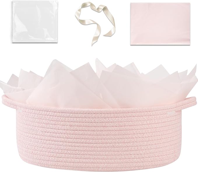 OIAHOMY Gift Basket with Handle, 13.4"x 10"x 5.5" Woven Basket with Gift Bag, Ribbon and Wrap Tissue Paper, Nursery Bins Empty to Fill with Towels, Baby, Pet Toy Organizer - Pink
