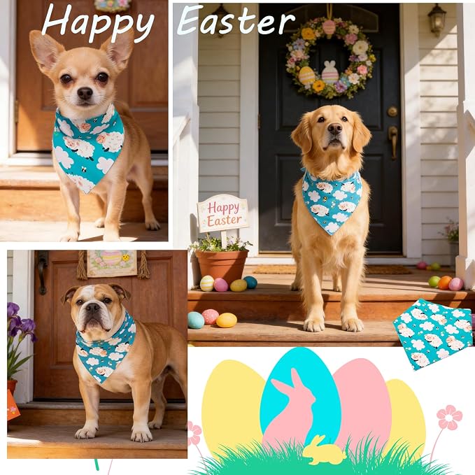 Easter Day Dog Bandana Cute Lamb & Pink Cloud - Spring Pet Scarf with Adjustable Snap Button Lovely Holiday Costumes, Medium to Large Breeds (30-75lbs)